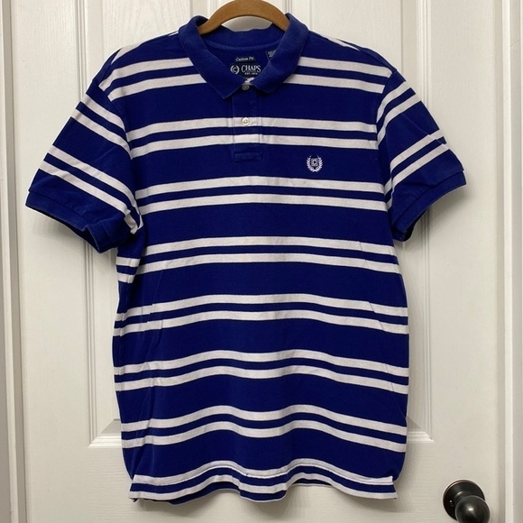 Chaps Custom Fit Striped Short Sleeve Polo Shirt Blue White Size Large - Picture 1 of 9